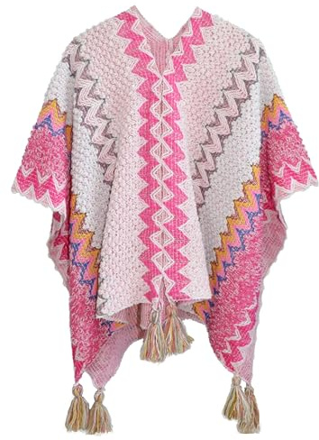 Kvinnors färgglada ränder vintage etnisk stil poncho damsjal kappa stickad sjal kappa öppen framsida koftor för kvinnor, Ljusrosa 1, one size