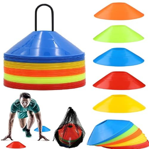 Kiuiom Plots Entrainement,Plots de Marquage,Cônes à Disque,Materiel Entrainement Football avec Support de Rangement,Poche Filet,Plots Sport pour Délimitation Entraînement Football (5 Couleurs)