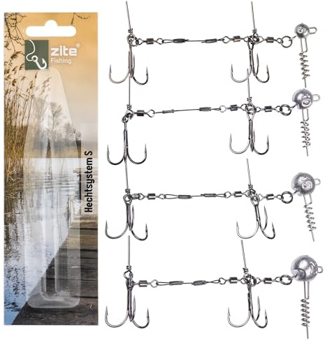 Zite Fishing Hecht Gummifisch-System S 9cm | 5g - 20g Fertigmontage | Gummiköder mit Screw Jigkopf | Softbait Angsthaken Drillinge | Spinn-System Montage ideal für Hechtköder 15-20cm