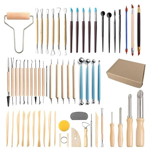 Alleshelfer 61 Teiliges Töpferwerkzeug Set Professionell | Modellier-Werkzeug für Keramik, Sculpting & Kuchen-Design | Inkl. Holz-, Metall- & Silikonwerkzeuge für Anfänger & Profis