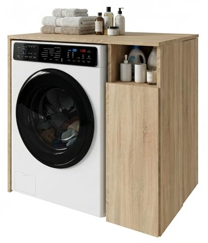 CraftPAK Waschmaschinenschrank geeignet für Waschmaschine & Wäschetrockner mit Staufächern, Waschmaschinenschrank Überbauschrank Braun