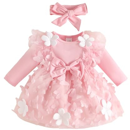 UUAISSO Vêtements pour Bébé pour Nouveau-né Fille Robe à Volants Imprimé Floral Tenues D'été Ensemble Mignon Bandeau Nœud Jupe PManches longues rose 3-6 mois
