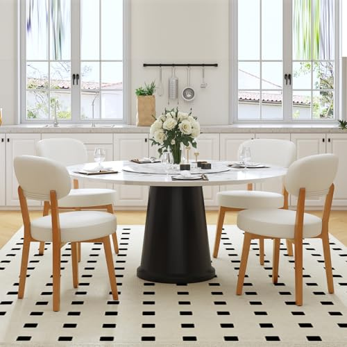 Ckaff Set di 4 Sedie da Pranzo, Sedie da Cucina in Lino, Poltrone da Salotto con Gambe in Legno, Sedia Imbottita Sala da Pranzo per Sala da Pranzo Cucina Soggiorno Camera da Letto, Beige