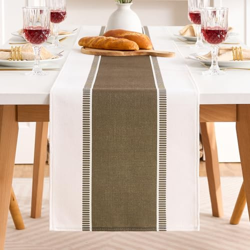 Runner Tavola Moderno con Ampie Strisce Marrone in Cotone e Lino 40x90cm, Runner da Tavolo in Stile Campagnolo e Rurale, Centrino Rettangolare per Tavolo da Pranzo, Tavolino da Salotto, Credenza