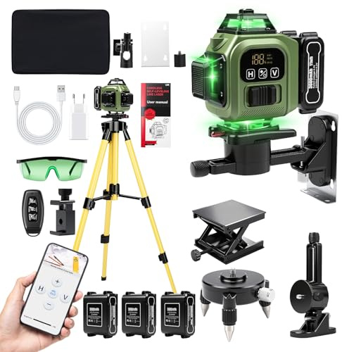 Livella Laser Autolivellante Con Treppiede, 4 x 360° 16 Linee Digitale Verde Livello Laser A Linee Incrociate Con 3 x 3600mah Batterie/Display LED/APP/Telecomando/IP54 Impermeabile Per Costruzione