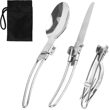 Juego de cubiertos de acero inoxidable para acampada, 3 piezas con bolsa de almacenamiento, incluye cuchillo, tenedor y cuchara, ideal para acampadas, picnics y viajes.