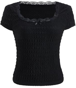 winkbay Women's Cute Lace Trim Square Neck T Shirts Bow Cap Sleeve Fitted Summer Tops Coquette Clothes Black Medium