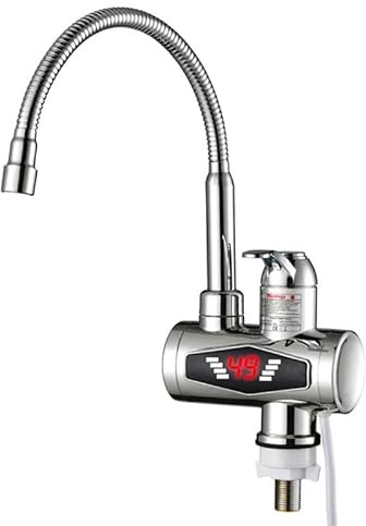 KLVN Grifo eléctrico para calentador de agua de cocina sin tanque de 3000 W, caliente/frío instantáneo, pantalla LED, boquilla flexible (plateado flexible)