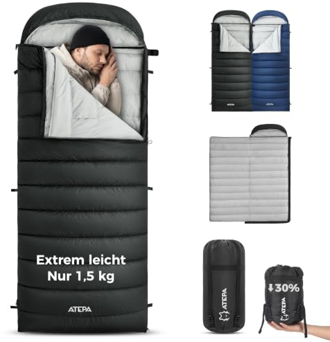 ATEPA Ultraleichter Daunenschlafsack 650/700FP, 3-Jahreszeiten (12°C / 6°C / -1°C), Leicht & Kompakt, Wasserabweisend, Ideal für Camping, Wandern, Trekking & Rucksackreisen, Mit Kompressionssack