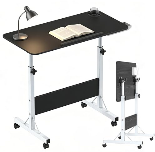 Verdego Höhenverstellbarer Schreibtisch mit Rollen, Kleiner Schreibtisch Klappbar 84x40cm Höhe 67-95 cm, Beistelltisch Höhenverstellbar, Mobiler Computertisch für Homeoffice, Stehpult Kleiner, Schwarz