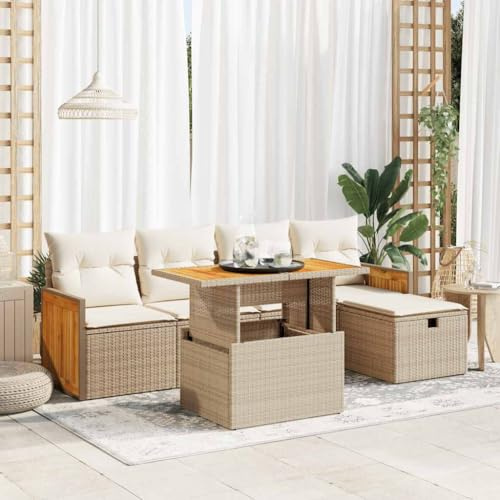 GeenYuu 6-TLG. Garten-Sofagarnitur mit Kissen in Beige aus Poly Rattan, pulverbeschichteter Stahl und Akazienholz, wetterfestes Lounge-Set mit Stauraum