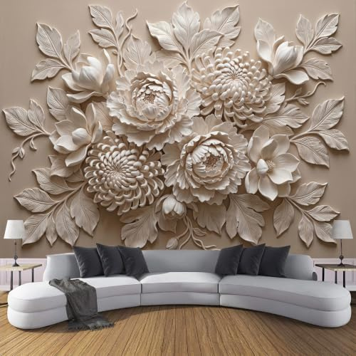 LODMLOER Non-Woven Brownish Brown Wallpaper Mural,Embossed Flowers, Panoramic Wall Mural W450 x H315 cm,Vintage Peony Chrysanthemum Wallpaper for Bedroom Living Room TV Backdrop Hallway Lounge