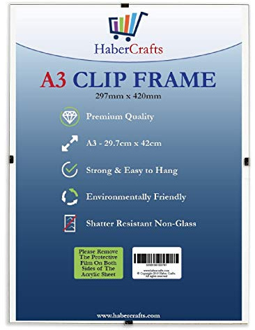 A3 Clip Frame Wall Hanging - Strong Glass-Free Frameless Clear Picture Photo for Posters, Certificates, Photographs, Comics - Lightweight 297mm x 420mm (3 Frames)