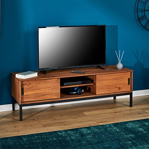 IDIMEX Meuble TV Selma L 145 cm en Bois Massif Brun foncé au Style Industriel Design Vintage avec 2 Portes coulissantes et 1 Compartiment Ouvert, pour télé jusqu'à 152 cm