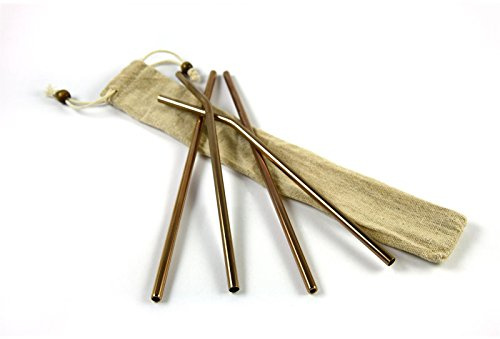 4er Pack Edelstahl-Strohhalm Set – Wiederverwendbare Trinkhalme aus Metall mit Reinigungsbürste und Beutel. Gebogen, Roségold