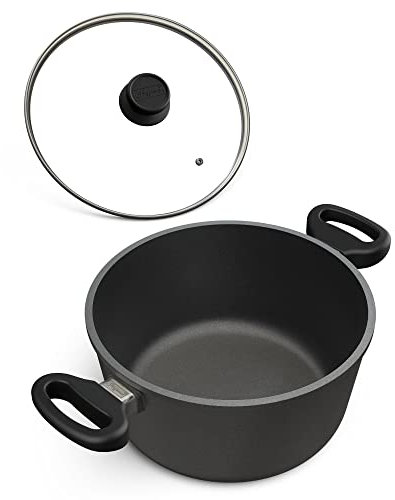 Hoffmann Kochtopf mit Glasdeckel Ø 24 cm, 4 Liter I Fleischtopf Antihaft beschichtet I Bratentopf Induktion I Induktionsherd I Deckel I Aluguss Suppentopf Induktionsgeeignet