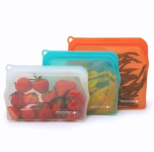 Moonmoon Reusable Silicone Freezer Bags | Leakproof Fridge & Freezer Storage | Resealable Food Bags for Sandwiches, Snacks & Soup (Set of 3). Plastic Free.