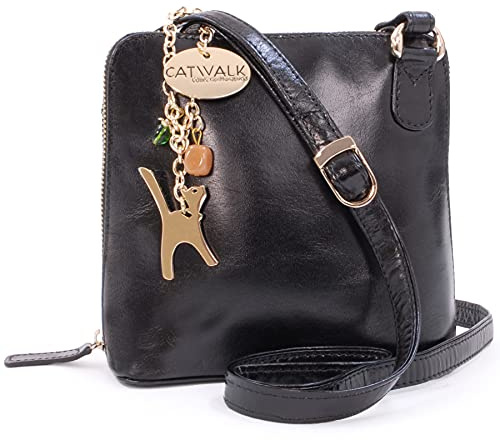 Catwalk Collection Handbags - Mini Sac Bandoulière Femme Cuir - Petit Sac à Main - Sac Porté Croisé Avec Bandoulière Réglable - LENA - Noir Or