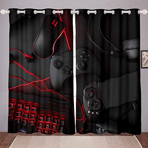 Homemissing Cortinas de juegos para dormitorio, niños, adolescentes, auriculares, consola de juegos, mouse, teclado, cortina de habitación, color negro y rojo, cortinas de ventana periféricos,
