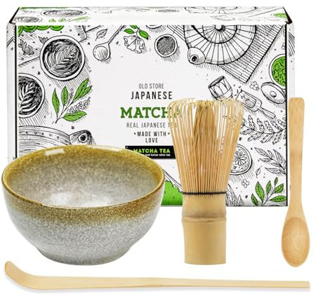 Japanese Matcha Tea Set of 4,Matcha Whisk Set with 100 Prong Whisk, Traditional Scoop, Tea Spoon and Ceramic Matcha Bowl,Tea Ceremony Accessory for Making Matcha