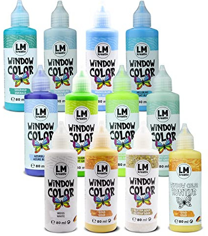 LM Window Color Set (12 x 80 ml Enjoy Yourself inkl. Konturfarbe) - Abziehbare Fenstermalfarbe/Stickerfarbe auf Wasserbasis für glatte Oberflächen wie Glas, Spiegel und Fliesen