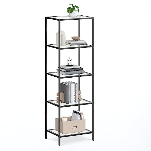 VASAGLE Hylla, 5-vånings steghylla, Smal glashylla för sovrum, badrum, hemmakontor, härdat glas, stålram, svart LGT029B61