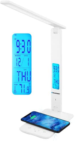BLAUPUNKT White LED Desk Lamp, Wireless Phone Charger, USB, Dimmable Table Lamp with 5 Colour Modes, Adjustable Arm, LCD Display, Clock Calendar Temperature, Easy to Use - Home Office Work Study