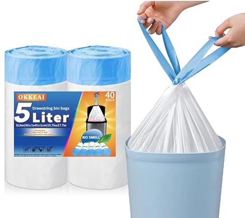 OKKEAI 5l Müllbeutel mit Zugband,Kleiner Abfallbeutelgeeignet für Badezimmer,Toilette,Küche,Passend für 3l,4l,5l,6l Mülleimer (Weiß, 40 Stück) | Kordelzug-Design, langlebiges Material, für Büro- und Toilettenbehälter, mit einfacher Abfallentsorgung