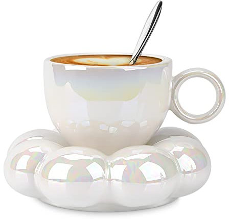 Linkidea Ensemble de tasses à café en forme de fleur avec poignée argentée et cuillère en métal, 200 ml, tasse à thé créative en porcelaine pour le bureau, la maison (perle)
