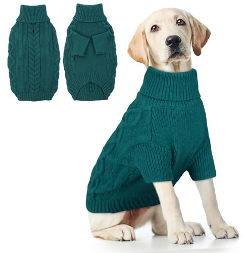 Hjumarayan Hundepullover Winter – Warmer Strick Hundepulli für kalte Tage gegen Kälte & Wind, Bequeme Hundekleidung mit Geschirröffnung für kleine, mittlere & große Hunde (Pfauengrün XL)