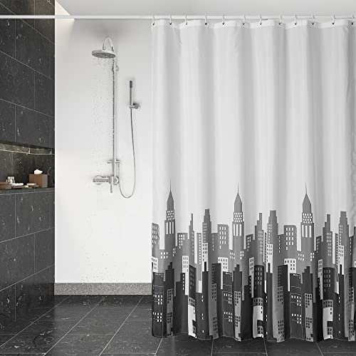 DUFU Wasserdichter Duschvorhang, Waschbar Schnelltrocknend Textil Stoff Polyester Badewanne Vorhang mit 12 Duschvorhängeringen, Transparent Duschvorhang (180 x 200 cm) | Halbtransparenter Weiß mit Türmen Textil-Duschvorhang,Schnelltrocknend,maschinenwaschbar,für Badewanne oder Duschkabinen