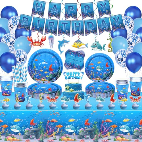 186 PCS Unter dem Meer Party ZubehörOzean Meer Partygeschirr Satz - Teller Tassen Servietten Tischdecke Banner Luftballons Tortenaufleger für Unterwasserwelt Geburtstag Party Dekorationen Serviert 20