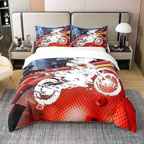 100% Bio Baumwolle Motorrad Bettwäsche Sets für Jungen 200x200 Motocross Bettbezug Set Extreme Sport Spiele Tröster Bezug für Kinder mit 2 Kissenbezüge Schlafzimmer Dekor Rot Blau Quilt Cover