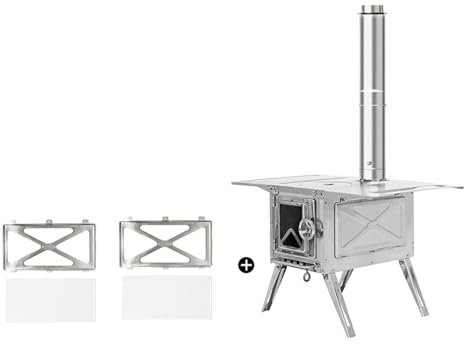 SUYUDD Estufa para Tienda de Campaña Estufa de Leña Portátil con Ventana y 10 Rejillas Laterales para Tubos de Chimenea para Refugio de Tienda y Calefacción para Cocinar, Plata