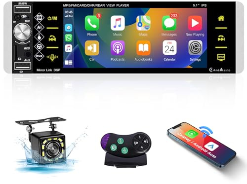 Hodozzy RDS Autoradio 1 Din mit Wireless Carplay Android Auto, 5.1 Zoll Stereo Auto Bluetooth mit IPS Bildschirm, Touchscreen mit Mirror Link/FM/USB/AUX/SWC/Sprachsteuerung + Rückfahrkamera