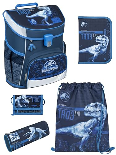 Familando - Scooli Campus Fit Schulranzen Set - 5-teilig mit Federmappe - Jurassic World Dinosaurier - Ergonomisch, Stabil & 980g leicht - 18L Volumen - Brustgurt & Reflektoren - Ab 1. Klasse