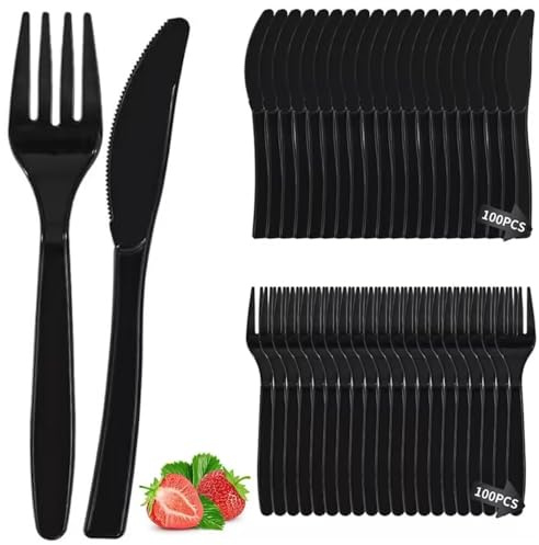 200 Stück Plastikbesteck Einweg, Plastikbesteck Schwarz, Messer Gabel Plastik Party Besteck für Haushaltsessen Picknicks Buffets (Schwarz)