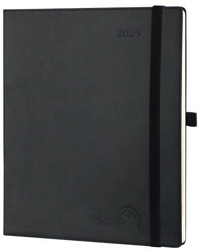 POPRUN Kalender 2025, Wochenansicht, groß (26,5 x 21,5 cm), PU-Leder, weicher Einband, vertikal, wöchentlicher Terminplaner, 25 Planer, monatliche Registerkarten, 100 g/m² Papier, Schwarz