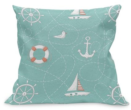 ABAKUHAUS Anker Kissenbezug, Meeresthema mit Seemöwen und Rettungsring Segeln Wiederholendes Design, Kissenhülle mit Reißverschluss Beidseitiger Druck, 50 x 50 cm, Seafoam Lachs und Weiß