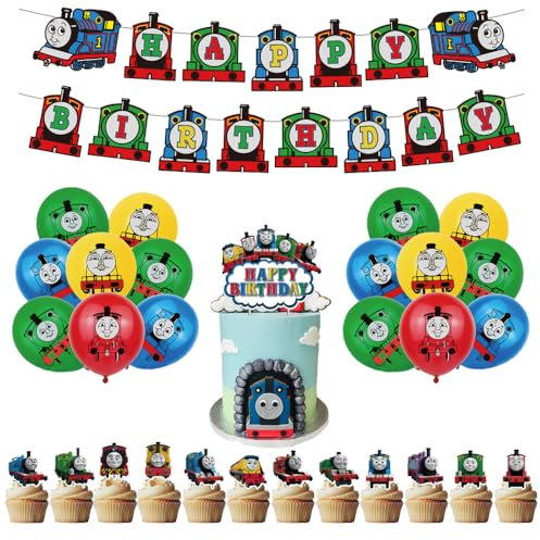 SMLHPARTY Thomas Train Birthday Party Decorations: 16pcs Balloons, 1pcs Banner, 13pcs Cake Toppers - Thomas & Friends Theme - Blue, Cartoon