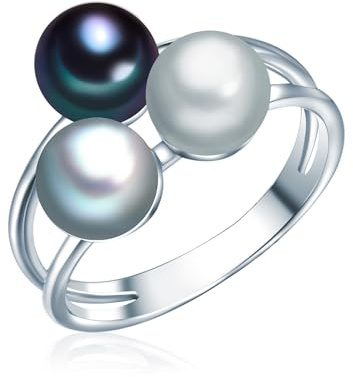 Valero Pearls Damen Perlenring 925/- Sterling Silber Süßwasser-Zuchtperlen | Perlengröße 6-7 mm,Button-Form,grau,silbergrau,pfauenblau,Silberring,echte Perlen,Damenring,Ring,mehrfarbig