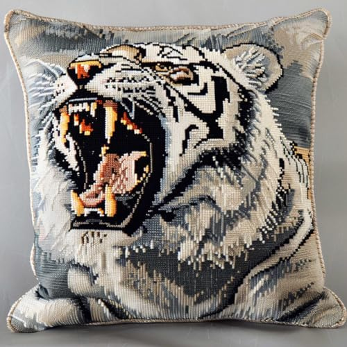 RKFLGEW Knüpfkissen-Set Mit Brüllendem Weißen Tiger，Knüpfkissen-Set Mit Tierporträts，Knüpfsets，Kissen，Diy，Handgefertigtes Kissen，Häkelgarn，Stickset，Kissenbezug 43x43cm
