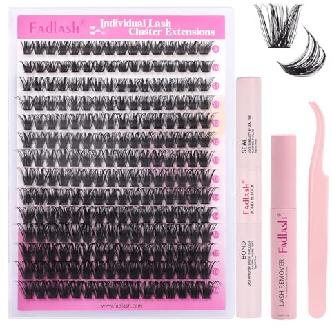 FADLASH 100D 0.07mm D Curl 8-16mm with Bond and Seal, Remover and Tweezers Fluffy Wispy Cluster Lashes DIY Eyelash Extensions