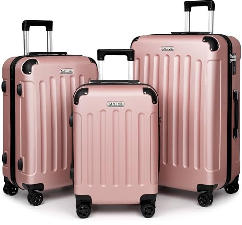 TANTOMI Koffer Set 3-Teilig Hartschale | Leicht ABS-Reisekoffer Set mit 360°-Spinner-Rollen, Gepäck-Sets mit 3 Stelige-Zahlenschloss & Teleskopgriff | Luggage Set (M/L/XL, Rosa Gold)