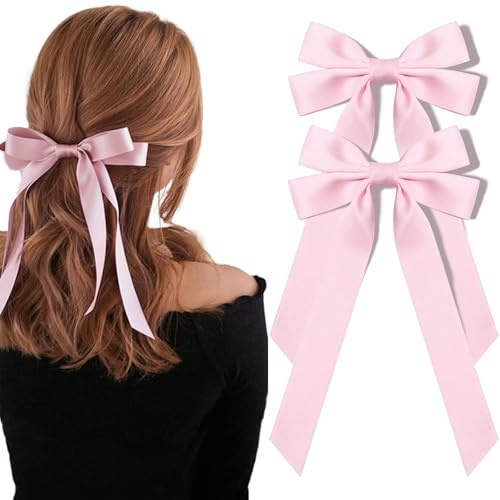 BelleVive 2 Stück Haarschleifen und Bänder aus seidigem Satin, Krokodilklemmen für Pferdeschwanzhalter, süße Schleifenspangen, Haarschmuck für Frauen, Mädchen, Kleinkinder, Teenager, Rosa