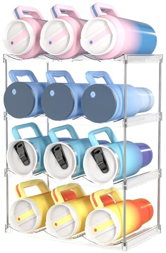 Irayin Stackable Water Bottle Organizer Holder - for Stanley & Others' Large Tumbler Organization - Plastic Bottle Holder Wine Rack for Kitchen Countertop Storage, Cupboard, Office, 4 Tier Hold 12