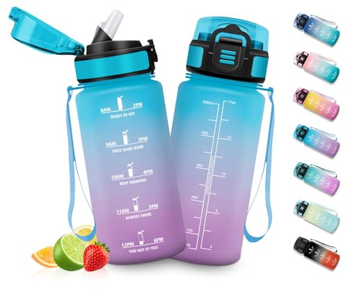 HoneyHolly Gourde Enfant 500 Ml, sans BPA, Water Bottle avec Paille, Anti-fuite, Bouteille d'eau Motivante avec Marqueur de Temps, Gourde Graduée, Bouteille pour Gymnase, École, Cyclisme