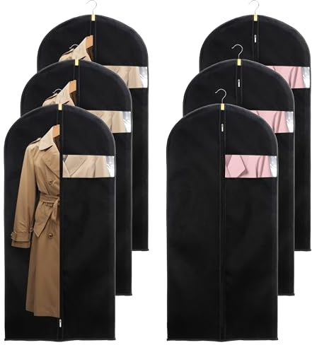 6 Pcs Custodie Sacchetti Vestiti in Tessuto non Tessuto da Appendere 60 x 140 cm, Copriabiti Riutilizzabili Nero Antipolvere con Finestra e Cerniera per Camicie, Completi, Giacche e Abiti