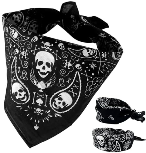 BOBOZHONG Bandana Nera con Stampa Teschio Bifacciale - Foulard per Testa Unisex in Cotone Morbido, 55x55cm - Accessorio per Pirata, Cowboy, Halloween e Costumi - Regalo per Uomini e Donne