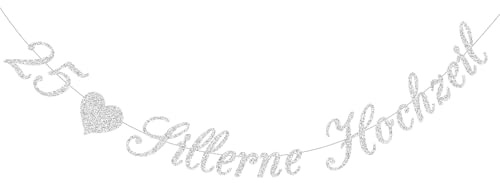 KOBOKO Silberhochzeit Girlande Banner, Silberhochzeit Deko Banner, Silberne Hochzeit Dekoration, 25. Hochzeitstag Girlande, Glitzer Papier Hänge Dekoration für 25. Jubiläum Silber Hochzeit Partydeko